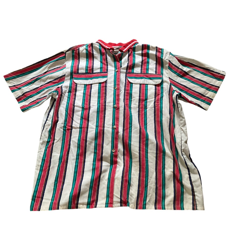 Vintage French Navy Mens Striped Short Sleeve Button Down Shirt Red Teal Size 14